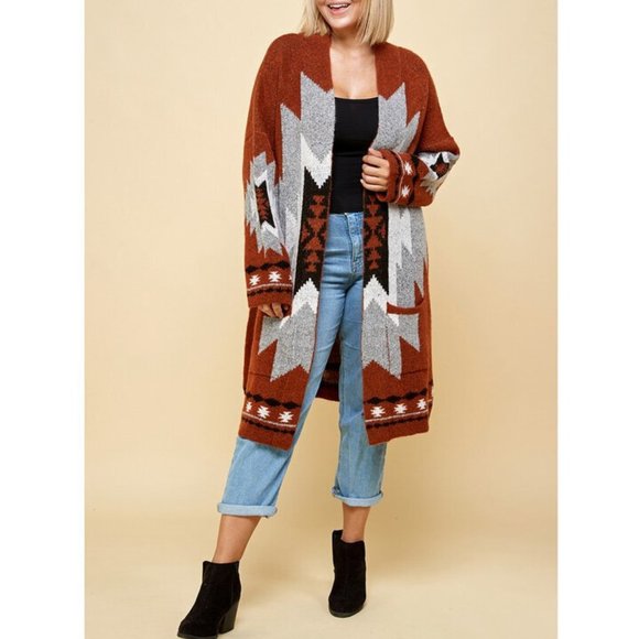 Plus Aztec Tribal Southwestern Cardigan Sweater - Picture 6 of 11